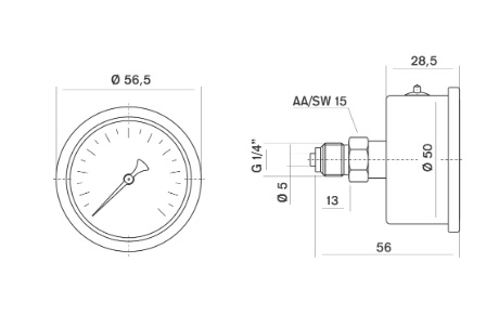 ابعاد مانومتر پکنز افقی روغنی صفحه 5 سانت