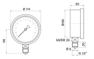 ابعاد مانومتر میلیبار پکنز عمودی خشک صفحه 16سانت