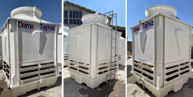 "Najm Hossam Company (Sepehar Nazarabad Industrial Estate) - Behshir: 1 DamaTajhiz 100-ton cubic fiberglass cooling tower."